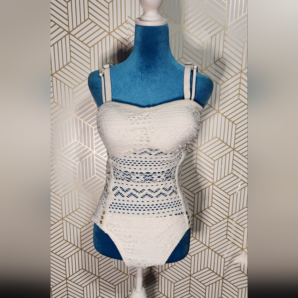 Womens off white bodysuit/bathing suit with lace accent (size 8)